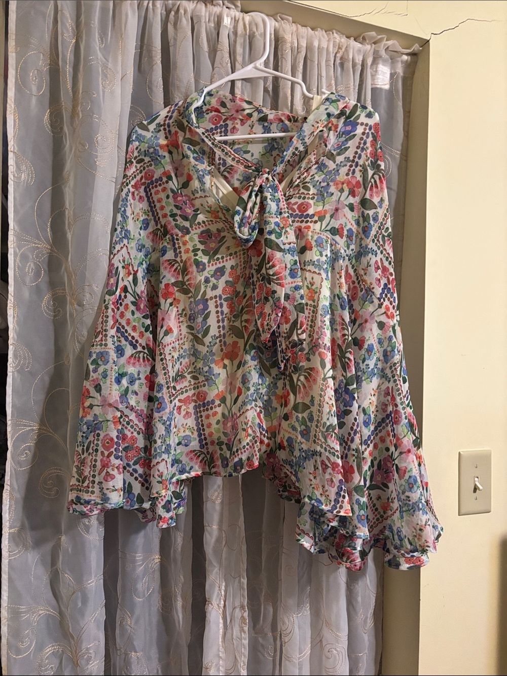 Cato Floral Tie-Neck Blouse in Cream with Pink, Blue & Green